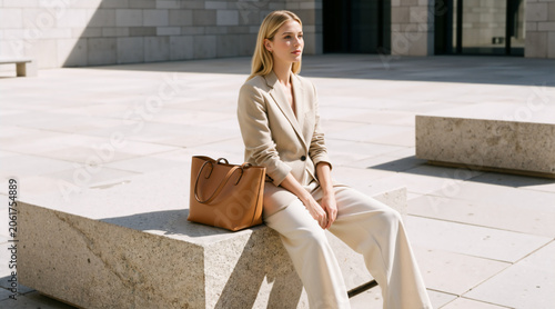 Elegant blonde woman in a beige pantsuit sitting on a concrete bench. Professional female with a leather tote bag in a modern outdoor plaza