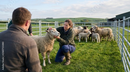 Sheep flock health check, Farm veterinary herd care, Pasture pen treatment, Professional livestock management, Farmer back view, Calm rural scene