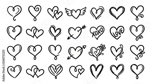 Quadro su tela Hand Drawn Heart Icons Set: Love Symbols Collection, Doodle Style