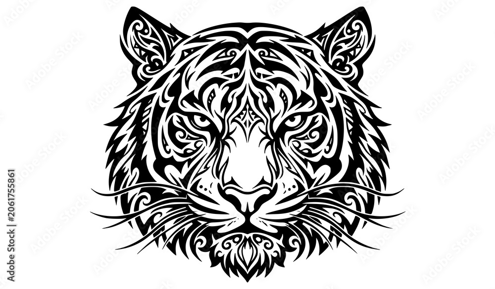 Fototapeta premium Tribal Tiger Face Vector Illustration Abstract Ethnic Animal Mask Design with Symmetrical Line Art