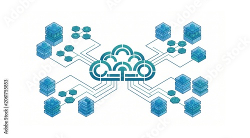 Abstract flat vector illustration of a geometric cloud computing network with floating data cubes and connected nodes on a white background