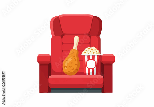 Comfortable theater seat with popcorn and fried chicken snack