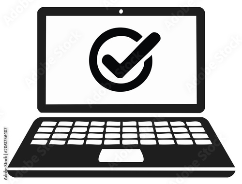 Laptop screen with check mark inside circle, digital verification, business concept