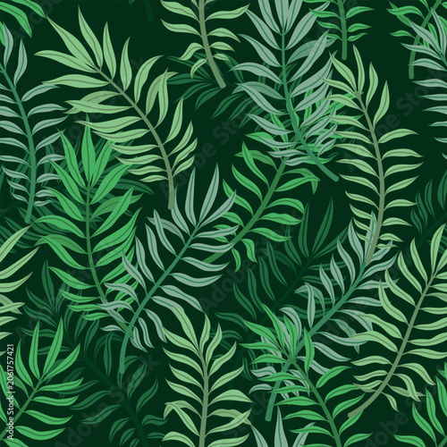 Pattern on a dark background with tropical palm leaves
