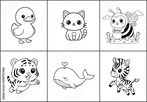 Canvastavla Kawaii Animal Coloring Pages Vector Set with Cat Duck Bee Tiger Whale and Zebra