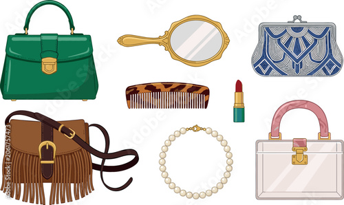 Vintage fashion accessories set including luxury handbags fringed shoulder bag hand mirror comb pearl necklace and lipstick isolated on white background vector illustration (23 words)