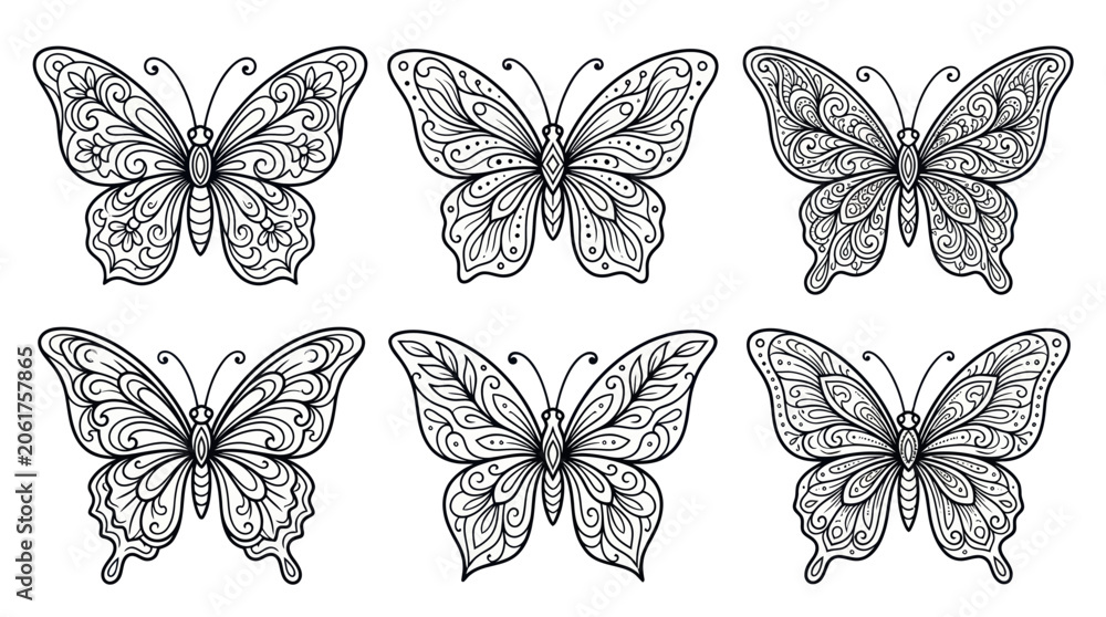 Fototapeta premium Intricate Butterfly Illustrations: Set of 6 Hand-Drawn Designs, Black and White