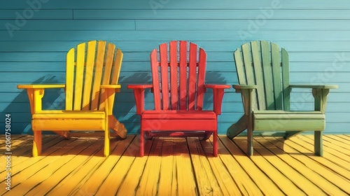 Colorful Adirondack chairs feature a classic slatted design and are arranged on a wooden floor indoor