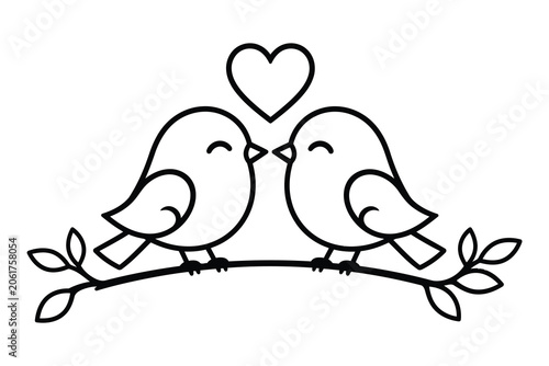 Two birds kissing with a heart above them on a branch