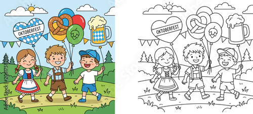 Foto Oktoberfest kids cartoon illustration with coloring page template, happy childre