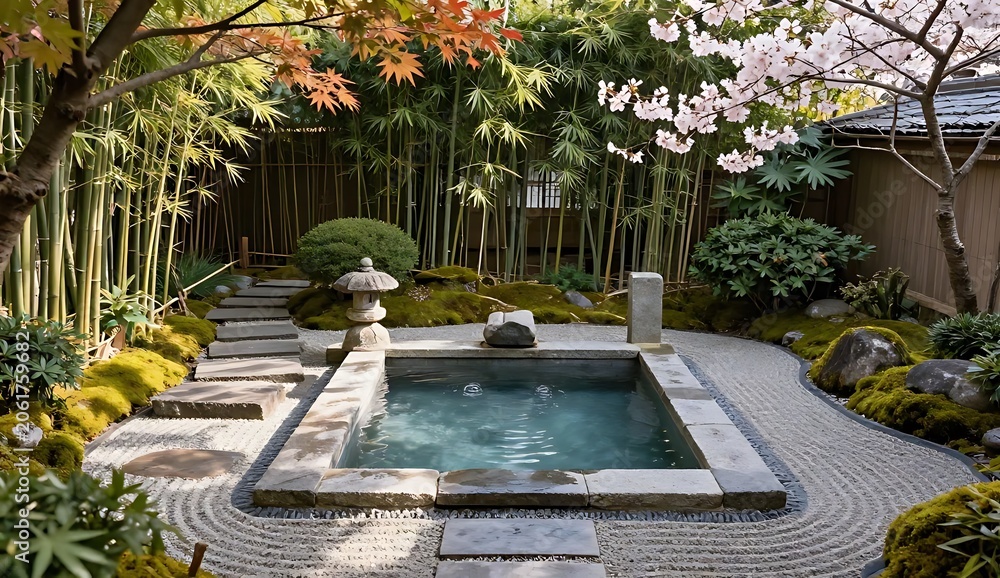 Obraz premium Tranquil Garden Pond with Water Feature in Japanese Zen Courtyard Setting