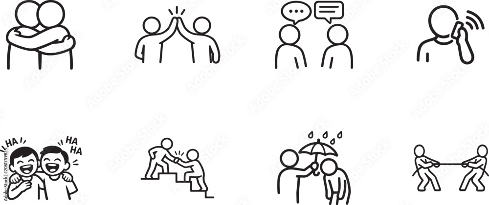 Fototapeta premium Empathy and friendship icon set with trust, support, teamwork and communication line symbols.