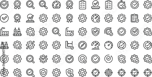 Schilderij op canvas Quality control and compliance line icons set with manufacturing testing standar