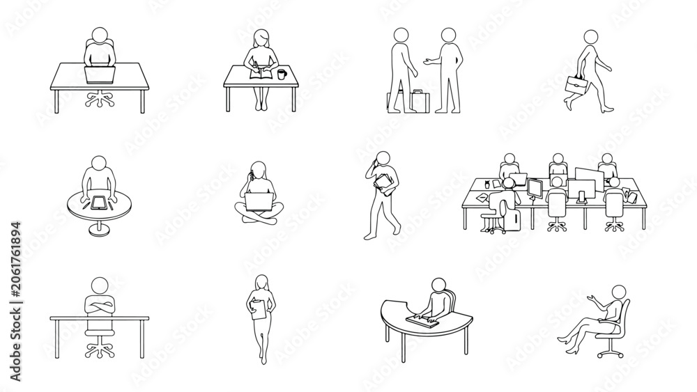 Fototapeta premium Business people line art set showing diverse workspace activities like laptop use phone calls and sitting at desks for company website interface design.
