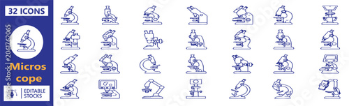 Fotografie Set of 32 Microscope icons Each icon will be different, create a vector outline