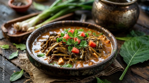 Dishes of Zambian cuisine. 
Ifisashi is a traditional vegetarian dish in Zambian cuisine. A thick stew of green leafy vegetables cooked in a rich sauce of peanut paste, onions and tomatoes.