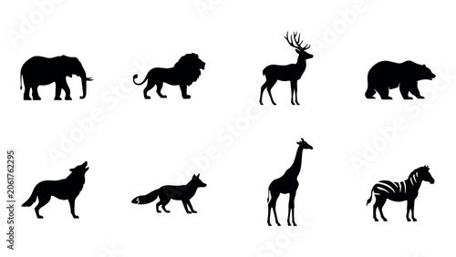 Collection of wild animal silhouettes including elephant lion deer bear wolf fox giraffe and zebra on transparent background zoo safari.