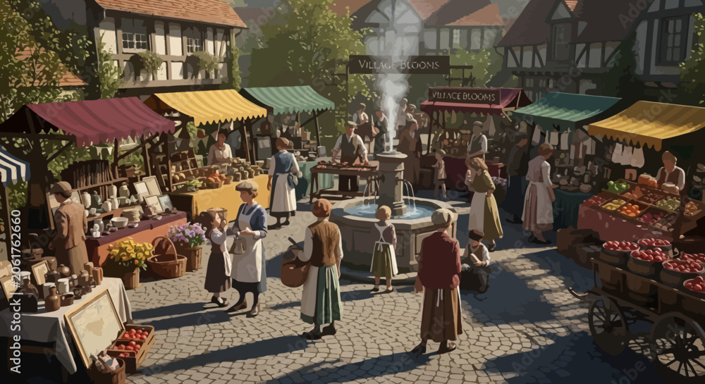 Obraz premium Medieval Village Marketplace Scene with People and Stalls