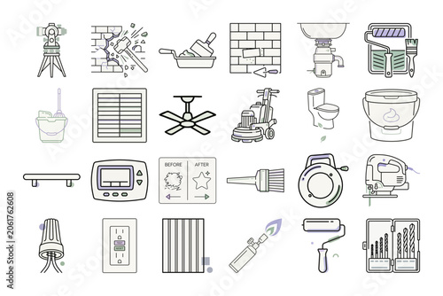 Home Renovation Outline Icons Set or Construction Tools Minimalist Lineart Icons
