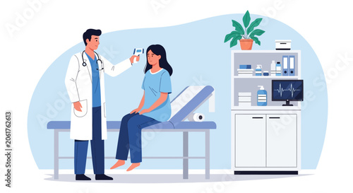 Foto Doctor checking patient's temperature with infrared thermometer in medical clini