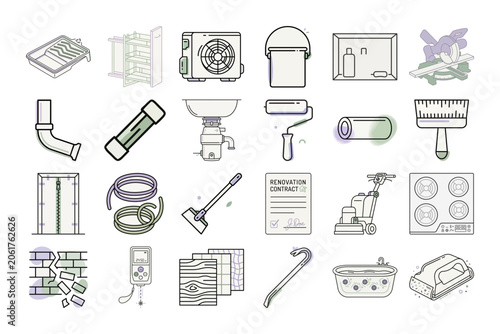 Home Renovation Outline Icons Set or House Improvement Linear Icons Collection