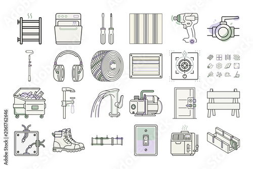 Home Renovation Thin Line Icons Set or Construction Tools and Equipment Flat Vector Icons