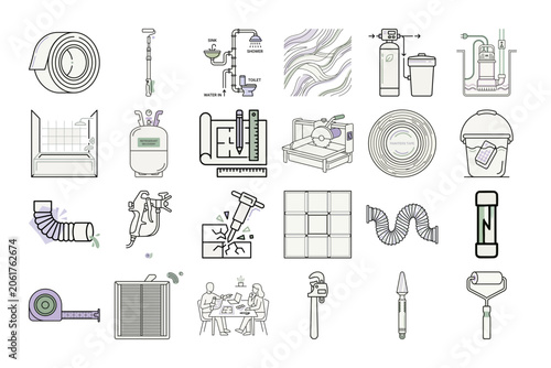 Home Renovation Thin Line Icon Set or Renovation Equipment Outline Icons