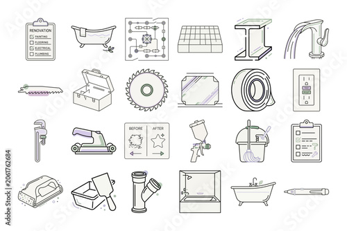 Home Renovation Tool Icons or Minimalist Home Improvement Line Art Icons