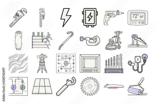 Home Renovation Tool Icons Set Outline Style or Construction Equipment Line Art Design Elements