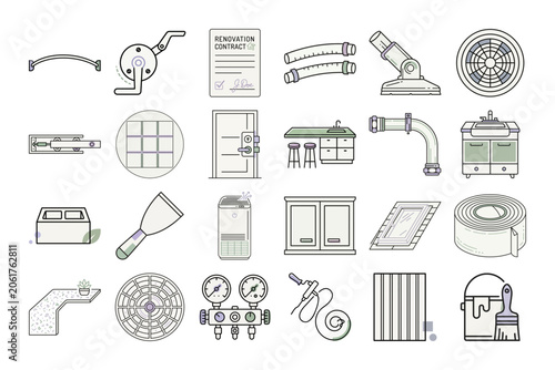 Home Renovation Tools Line Art Icon or Home Improvement Construction Supplies Outline Icon