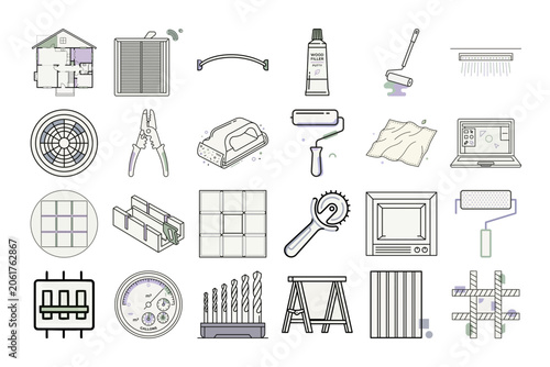 Home Renovation Tools Line Art Icon or Minimalist Home Improvement Icons Set