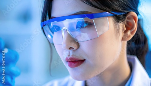 Scientist in glasses analyzing futuristic technology screen reflection