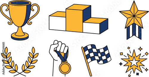 Sports champion vector icon set featuring trophy cup, winner podium, checkered racing flag, star badge, laurel wreath, and medal isolated on white background.