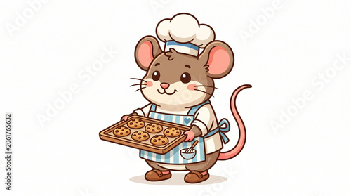 flat vector illustration of an adorable mouse baker character isolated on white background, chef hat, tray of cookies, charming children's mascot design.