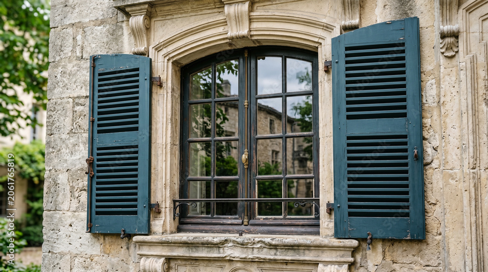 Fototapeta premium Classic stone mansion window with shutters