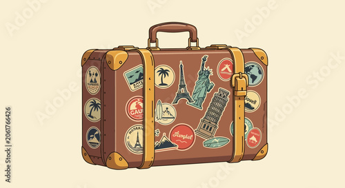Canvas Print Vintage Suitcase Covered in Travel Stickers, Ready for Adventure