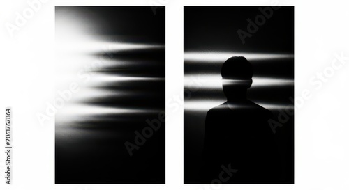 A diptych featuring an abstract light pattern and a silhouette of a person against horizontal light beams