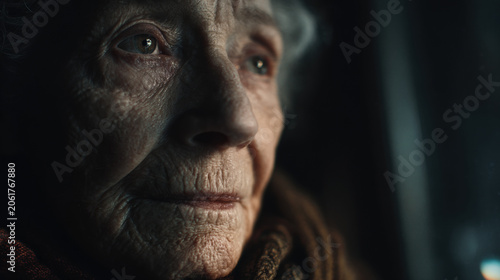 Senior Woman Portrait Elderly Face Wrinkles Thoughtful Emotional Close Up Cinematic Light Aging Wisdom