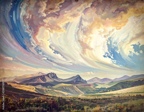 A serene mountain landscape with swirling clouds and vibrant colors