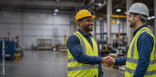 Diverse industrial workers shaking hands in factory. Smiling men in safety vests and hard hats making agreement. Teamwork and successful business partnership concept. Copy space