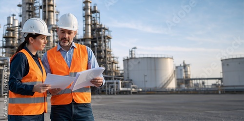 Male and female engineers reviewing documents at an industrial site. Professional workers in safety gear discussing project near refinery tanks