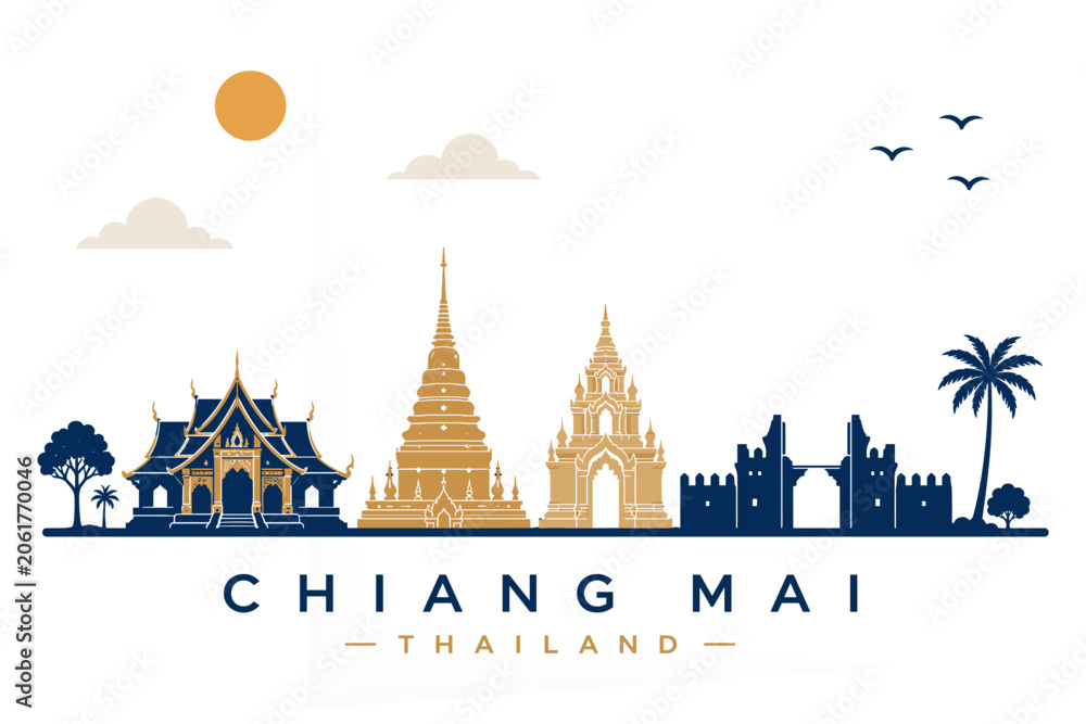 Obraz premium Chiang Mai Thailand Minimalist Temple Skyline Poster