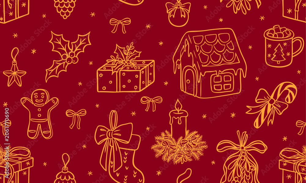 Fototapeta premium Happy New Year and Merry Christmas winter holiday celebration vector doodle seamless pattern red decoration line art