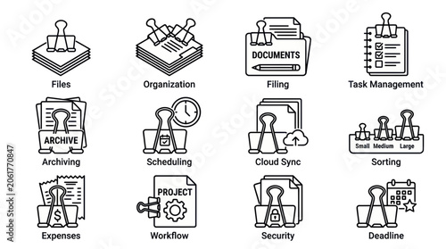 Business Organization Icons: Files, Workflow, Cloud Sync, Deadline, Security