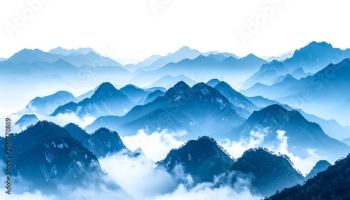 A serene mountain range stretches across the horizon, shrouded in mist and blue hues