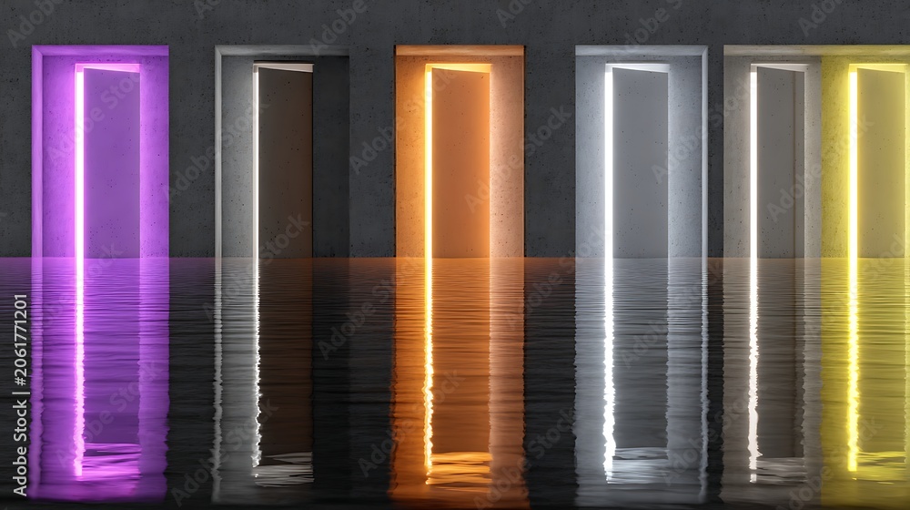 Fototapeta premium Abstract digital with vertical neon light bars glowing in dark room