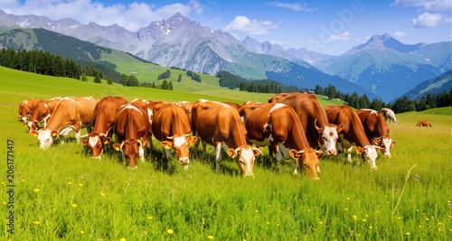 Herd of cows grazing in alpine meadow during summer
