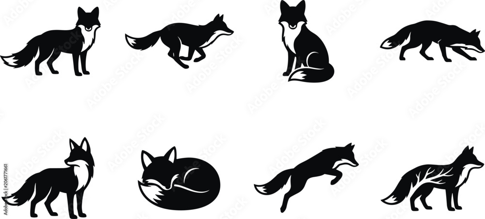 Obraz premium Set of fox silhouette vector illustrations featuring standing, walking, sitting, crouching, sleeping, leaping, decorative, and woodland accented designs