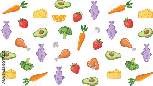 Seamless pattern of scattered food items including fruits, vegetables, cheese, and meats on a white background.