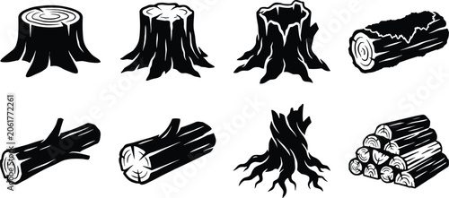 Photos Set of tree stump and log silhouette vector illustrations featuring cut trunks,